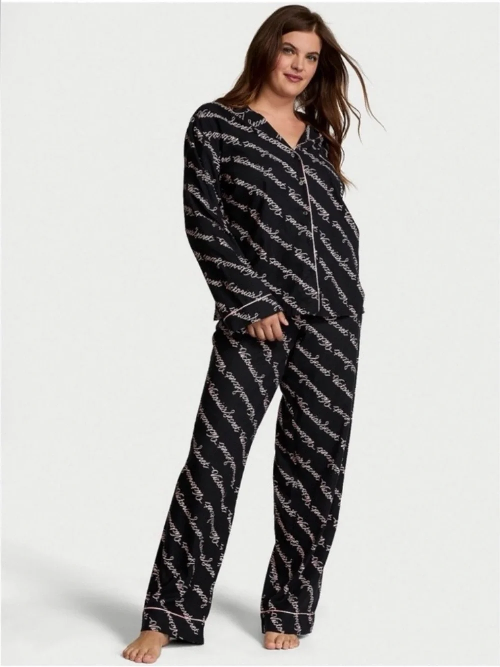 Victoria’s Secret Black Logo Flannel Pajama Set Pink Trim – XS NWT
